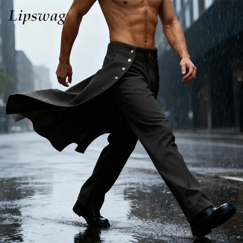 

Spring Autumn Trendy Mens High Waist Pants Streetwear Vintage Irregular Patchwork Buttoned Straight Trousers Men Stylish Pants