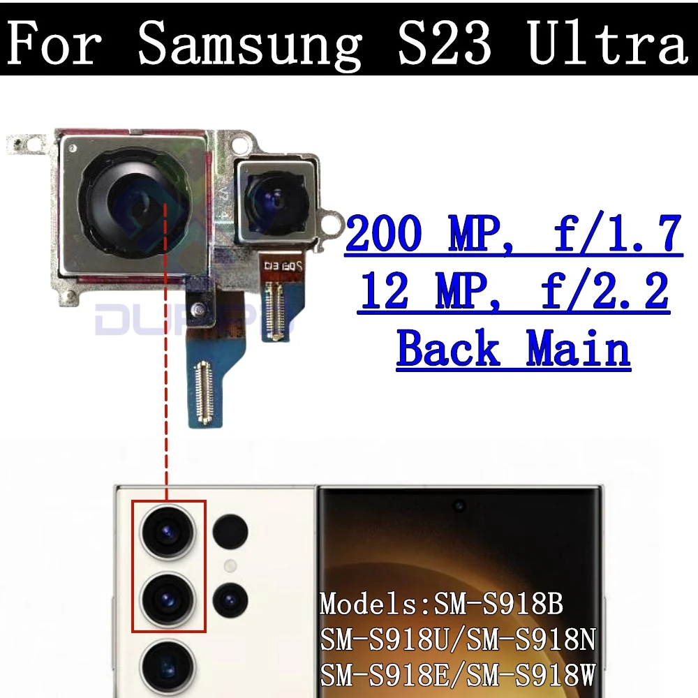 Rear Camera Module Flex Cable for Samsung Galaxy S23 Ultra, Front Selfie, Small Facing, Main Back Camera Frame, Glass Lens