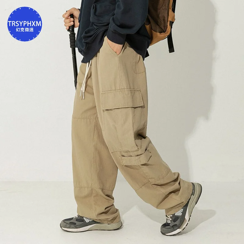 TRSYPHXM 2024 nuovi pantaloni casual da tasca grandi in stile americano per uomo, pantaloni larghi retrò versatili in cotone bianco stile autunno