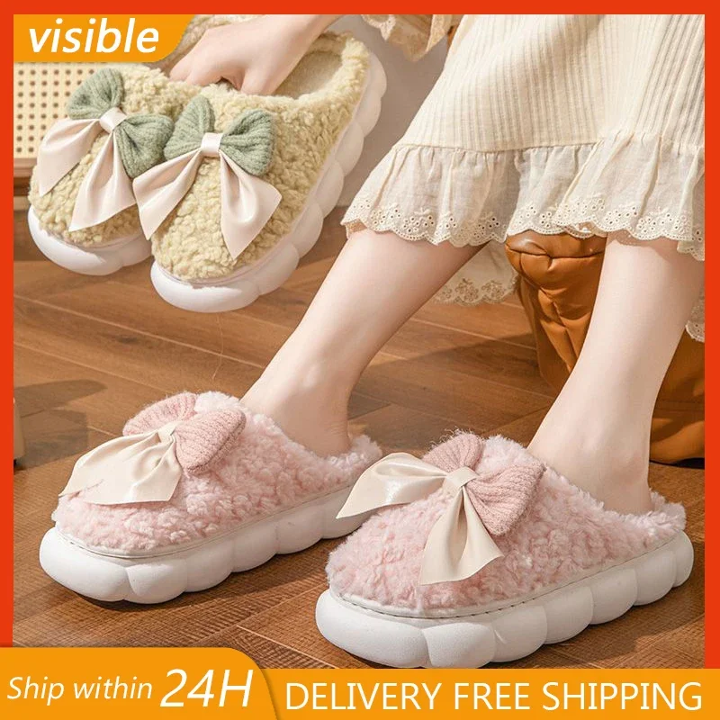 

Women's thick-soled plush slippers for indoor outdoor use, non-slip warm fuzzy house shoes with soft fleece, slippers daily wear