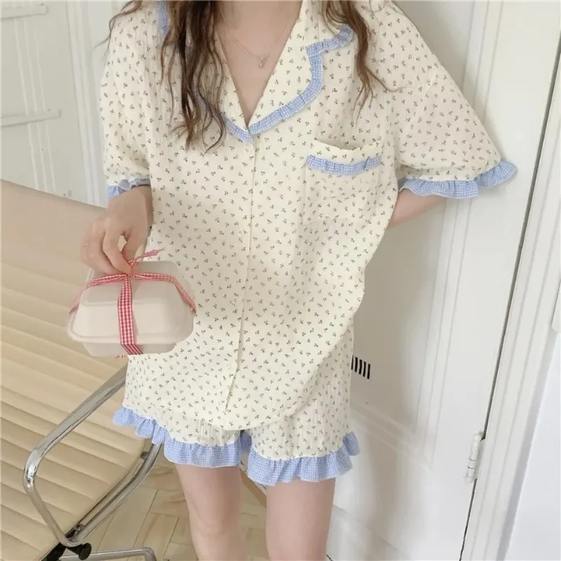 Floral Sleepwear Women Pajama Sets Summer Piiama Korean Pocket Short Sleeve Home Suit 2 Pieces Ruffle Night Wears Pyjamas New