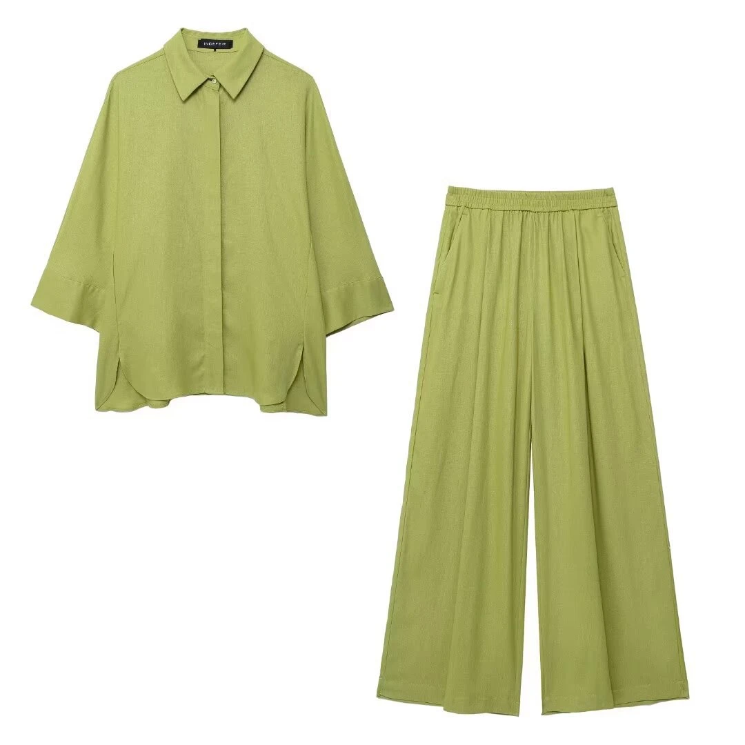 Faionable casual solto longo sve irt e calças conjunto feminino outono usar tecido de poliéster botão acima colarinho