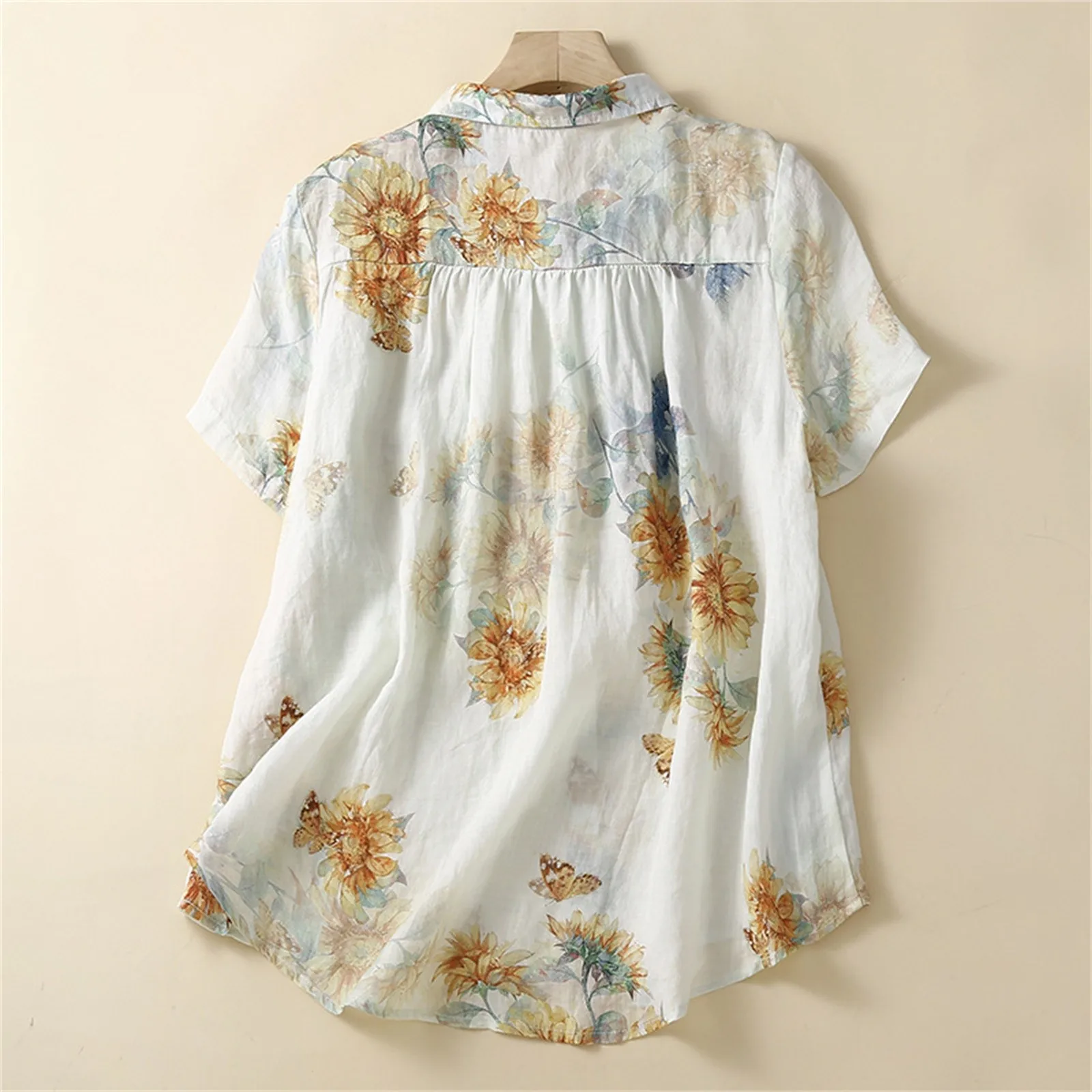 Vintage Floral Print Short Sleeve Button Up Breathable Cotton Linen Shirt Oversize Denim Shirt for Women