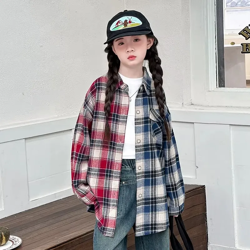 Kids Spring Cotton Plaid Blouse for Girls Child Vintage Shirt Clothing Princess Gradient Plaid Costume for Teen Girls Age 5 -14