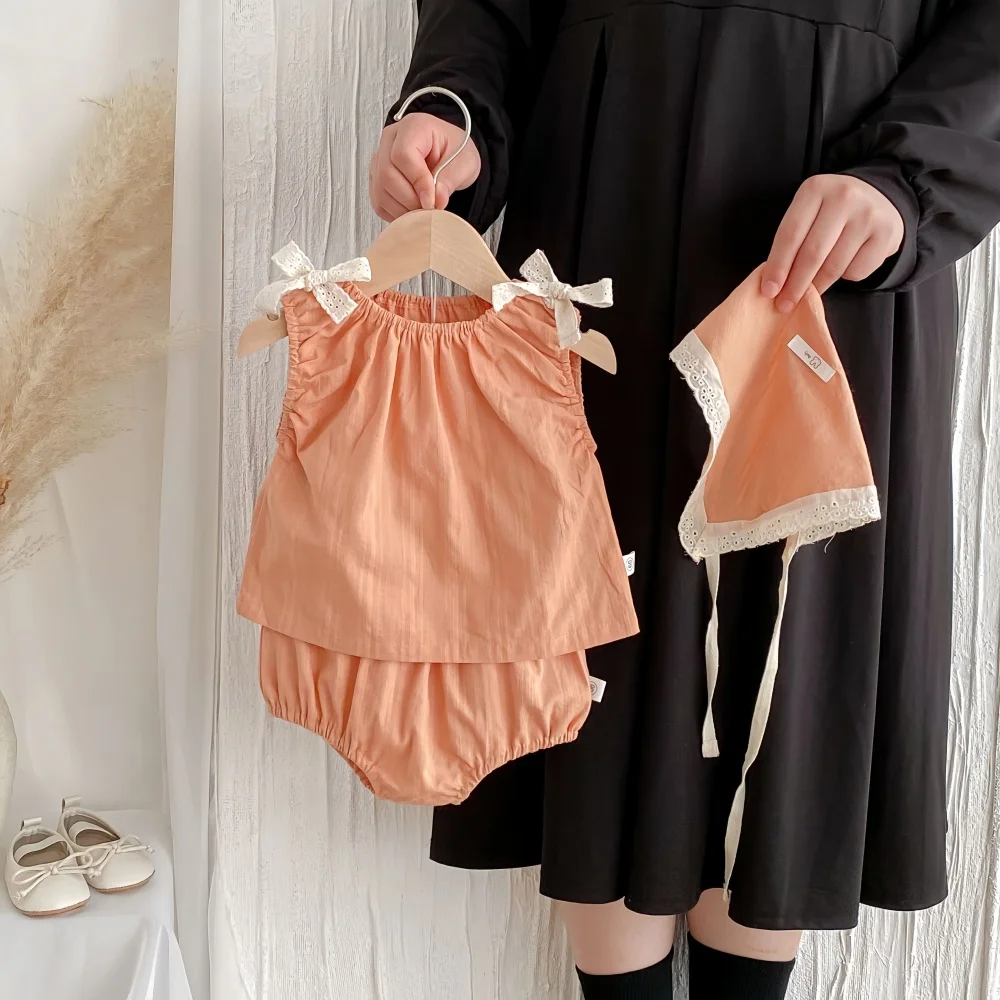 

Baby Summer Clothing Korean Style 3Pcs Set 0-2Y Sweet Girls Infant Bow Camisole Top Shorts Hat Toddler Girls 3Pcs Outfit