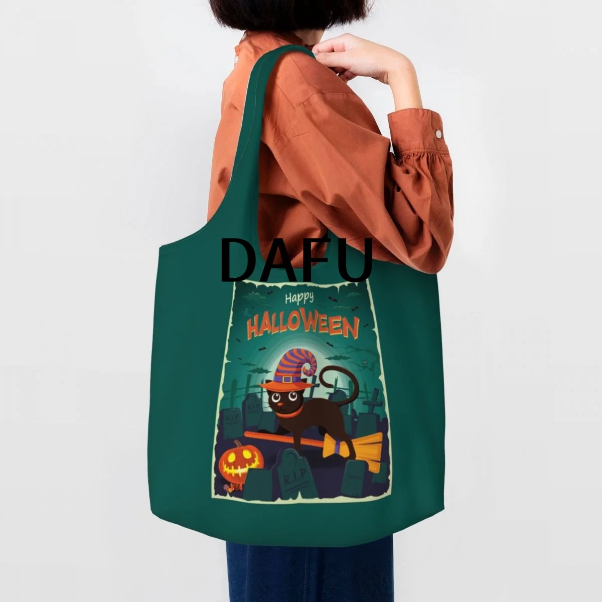 Happy Halloween Funny Halloween Print Cotton Tote Bag - Casual Commuter Shoulder Bag for Work Grocery Shopping Trick or Treat