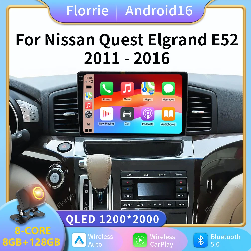 Navigation Multimedia 2K 8+128G Android 16 Car Radio For Nissan Quest Elgrand E52 2010-2016 GPS CarPlay Bluetooth 5.0 Head Unit
