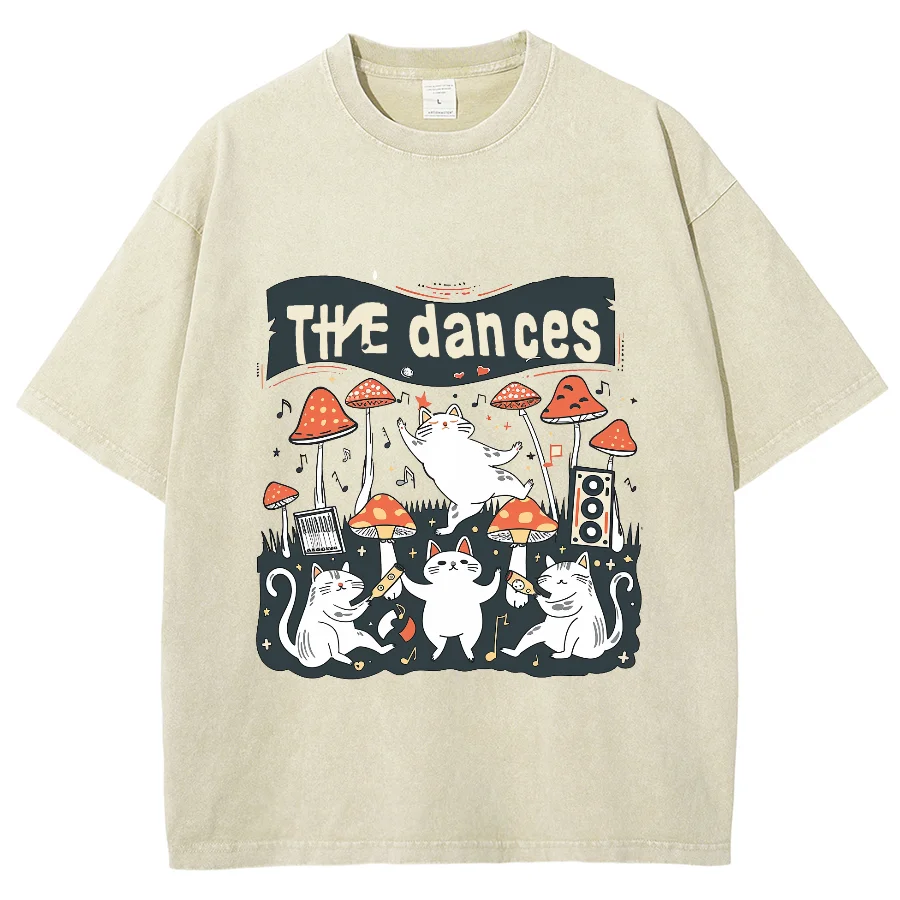 

Kitten Print T-Shirt With Mushrooms Dancing In The Rain Retro Neutral Style Round Neck Pullover Loose Shoulder Short Sleeves