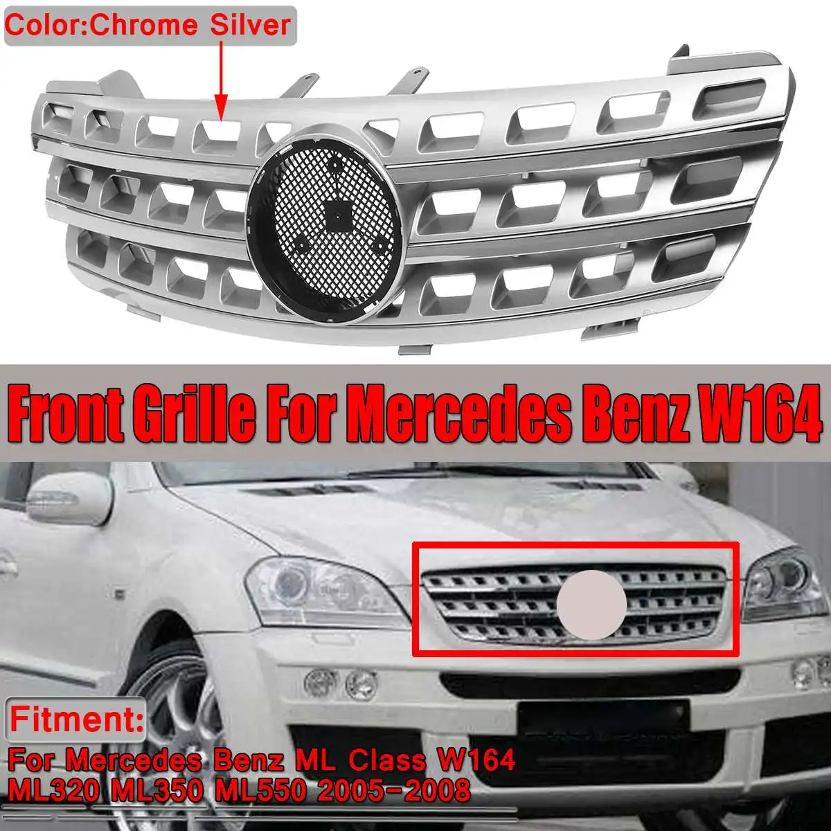 New Chrome / Black W164 ML320 Car Front Bumper Mesh Grill Grille For Mercedes For Benz ML Class W164 ML320 ML350 ML550 2005-2008