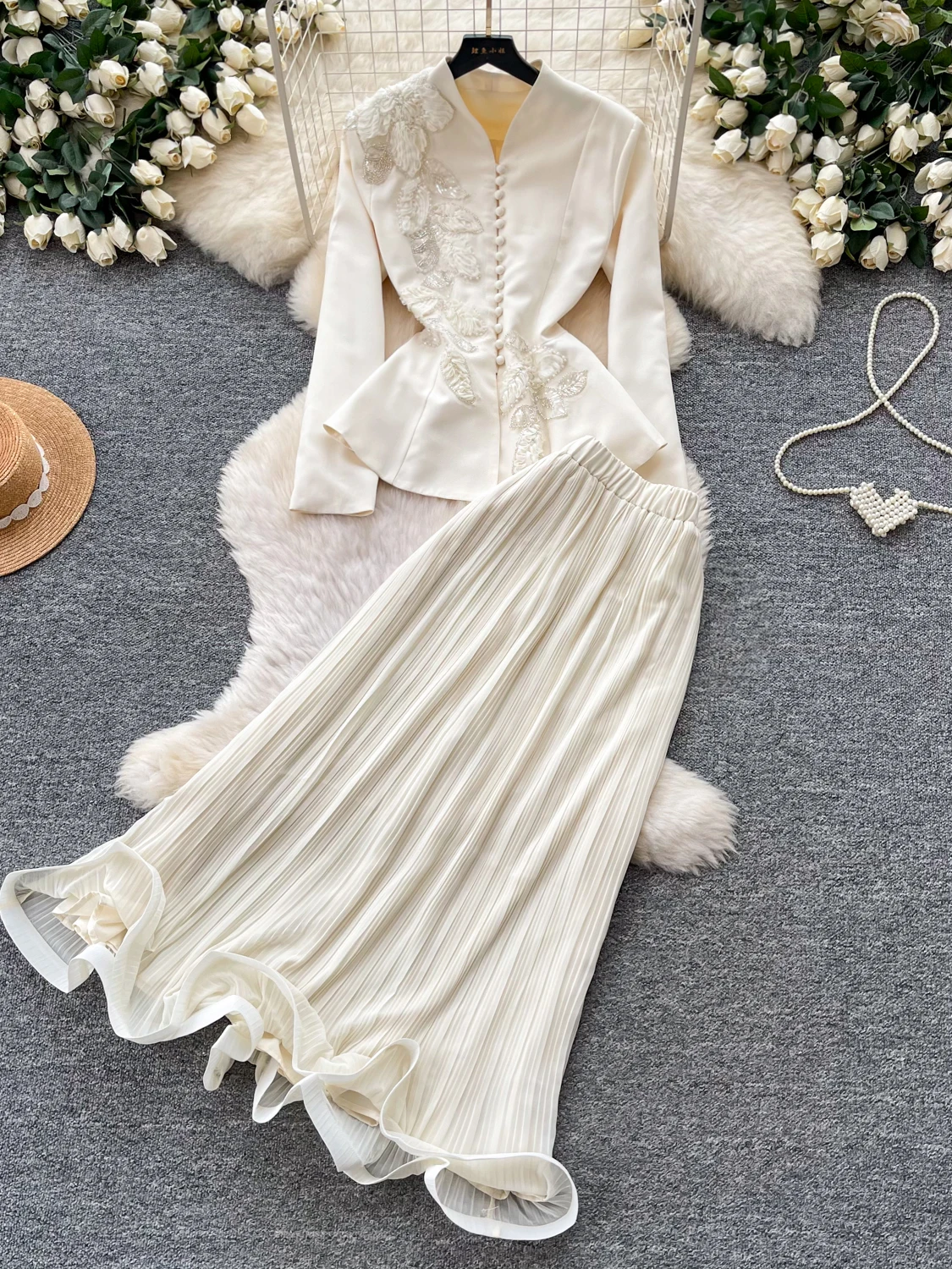 

Elegant Embroidered Heavy Work V-Neck Jacket High Waist Pleated Skirt Two-Piece Set for Women Autumn Season Fashion Outfit
