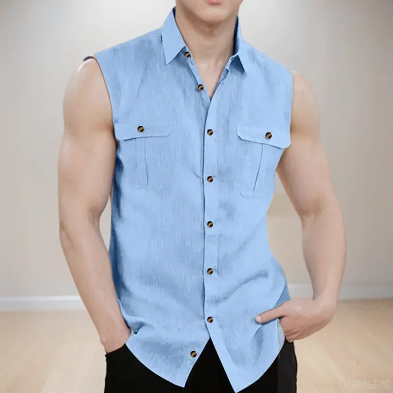 Men Tank Tops Summer Spring 2025 Casual Solid Color Turn Down Sleevless Jumper Linen Pockets Korean Fashion Streetwear Vest
