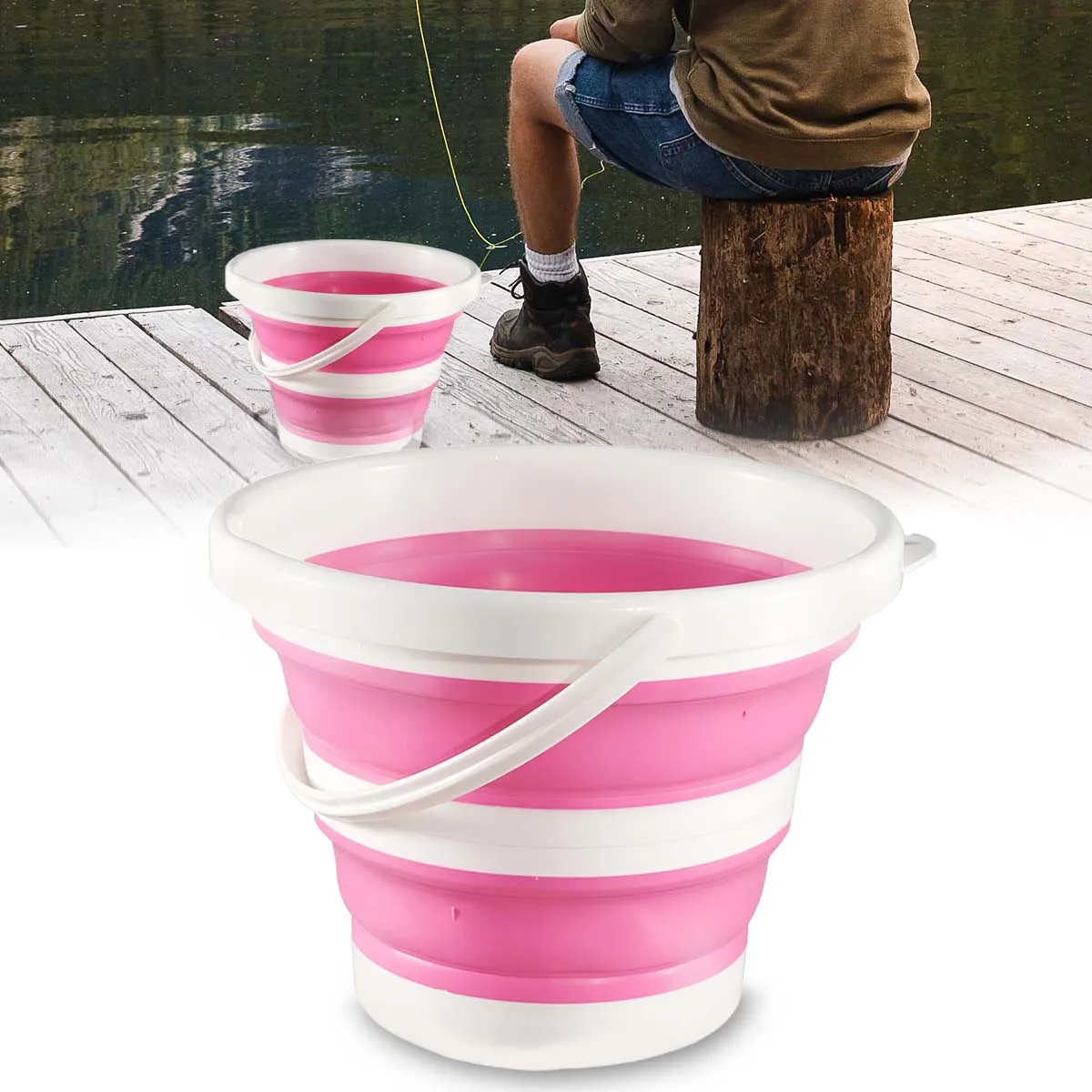 دلو محمول قابل للطي باللون الوردي، دلو سيارة من بلاستيك السيليكون، دلو صيد خارجي للأطفال، دلو متعدد الوظائف للسفر إلى المنزل
