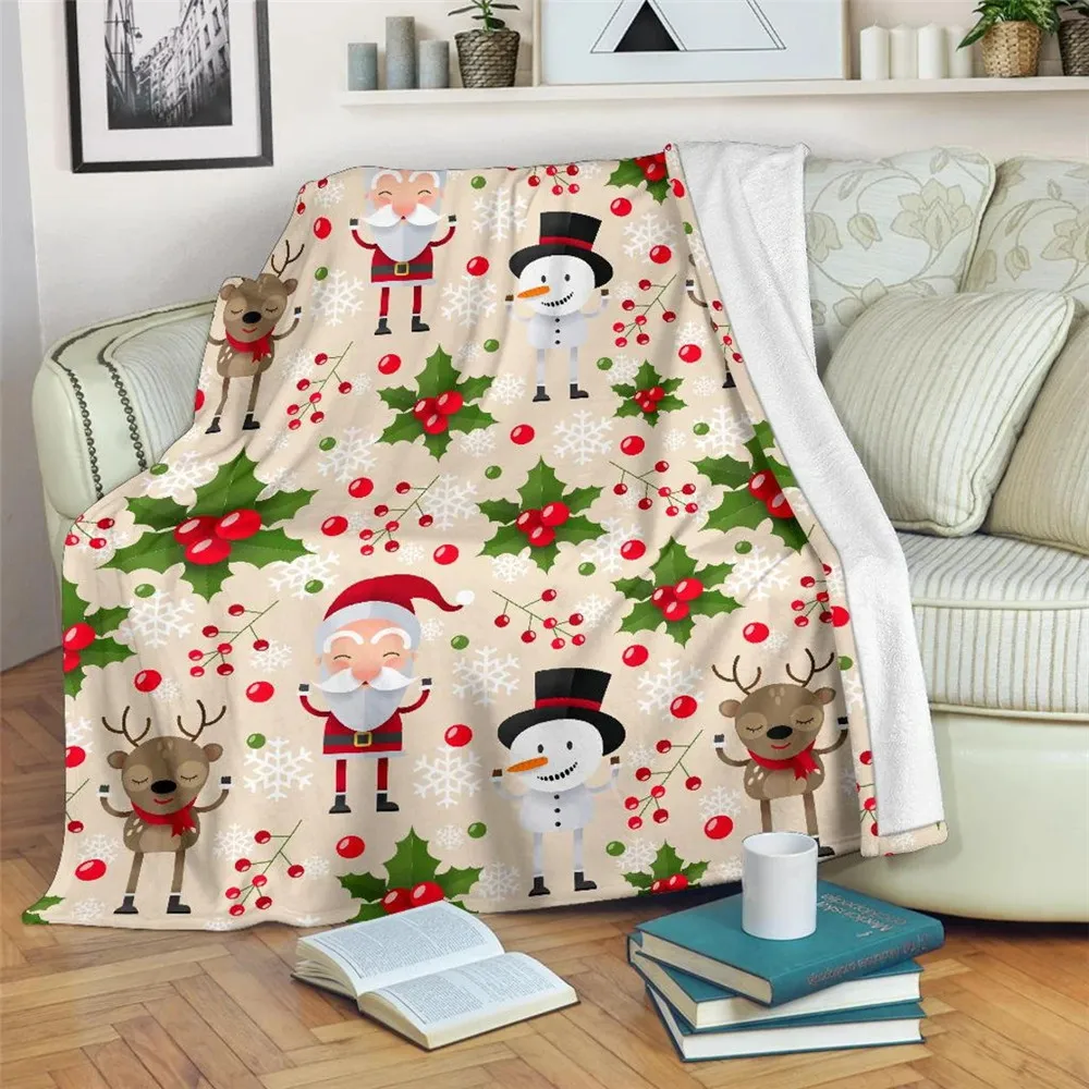 

HX Christmas Blankets Cartoon Santa Clause Snowman Elk Berries 3D Printed Flannel Throw Blanket For Beds Warm Plush Quilt