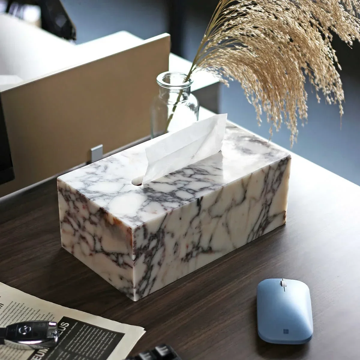 25x14x10CM Luxury Marble Tissue Box Holder Purple Card Paper Box for Home Living Room Desk Restaurant Stylish Napkin Dispenser
