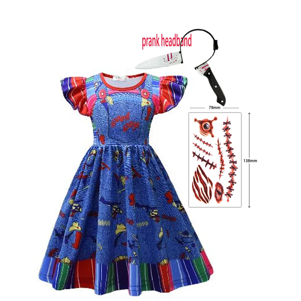 زي الهالوين للفتيات فستان تشاكي تشايلد بلاي الكرتوني الأزرق مع عصابة رأس مزحة لزي تشاكي التنكري للفتيات