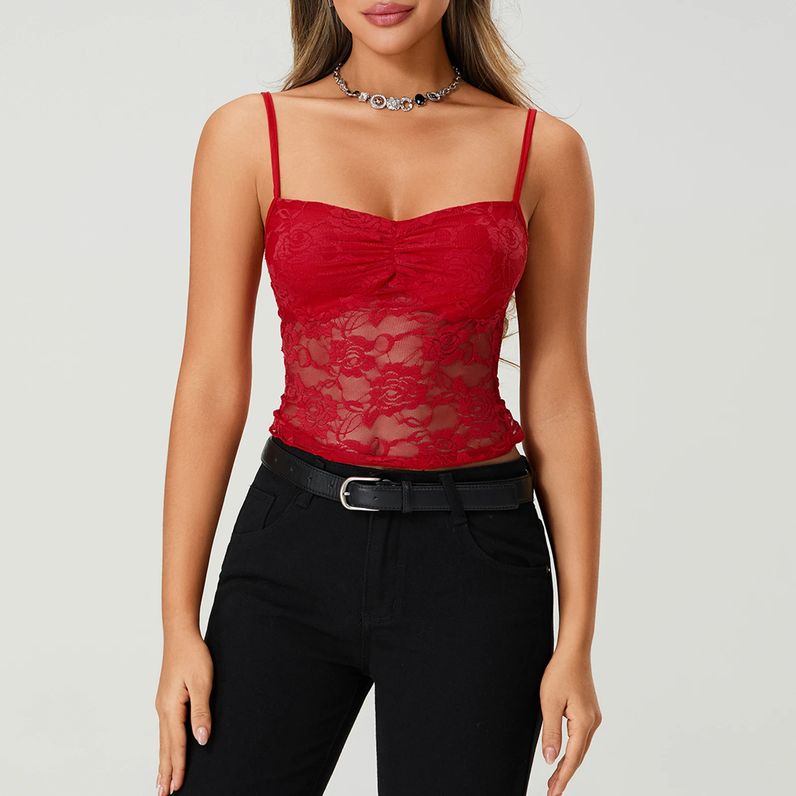 New Fashion Womens Summer Lace Cami Tops Sleeveless Ruched Front Solid Color Camisole Slim Fit Tank Tops Hot Sale S-XL