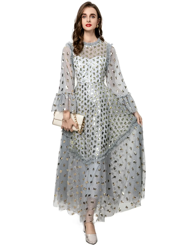 DLDENGHAN 女性の O ネックフレアスリーブスパンコール刺繍ヴィンテージボールガウンドレスファッション夏新