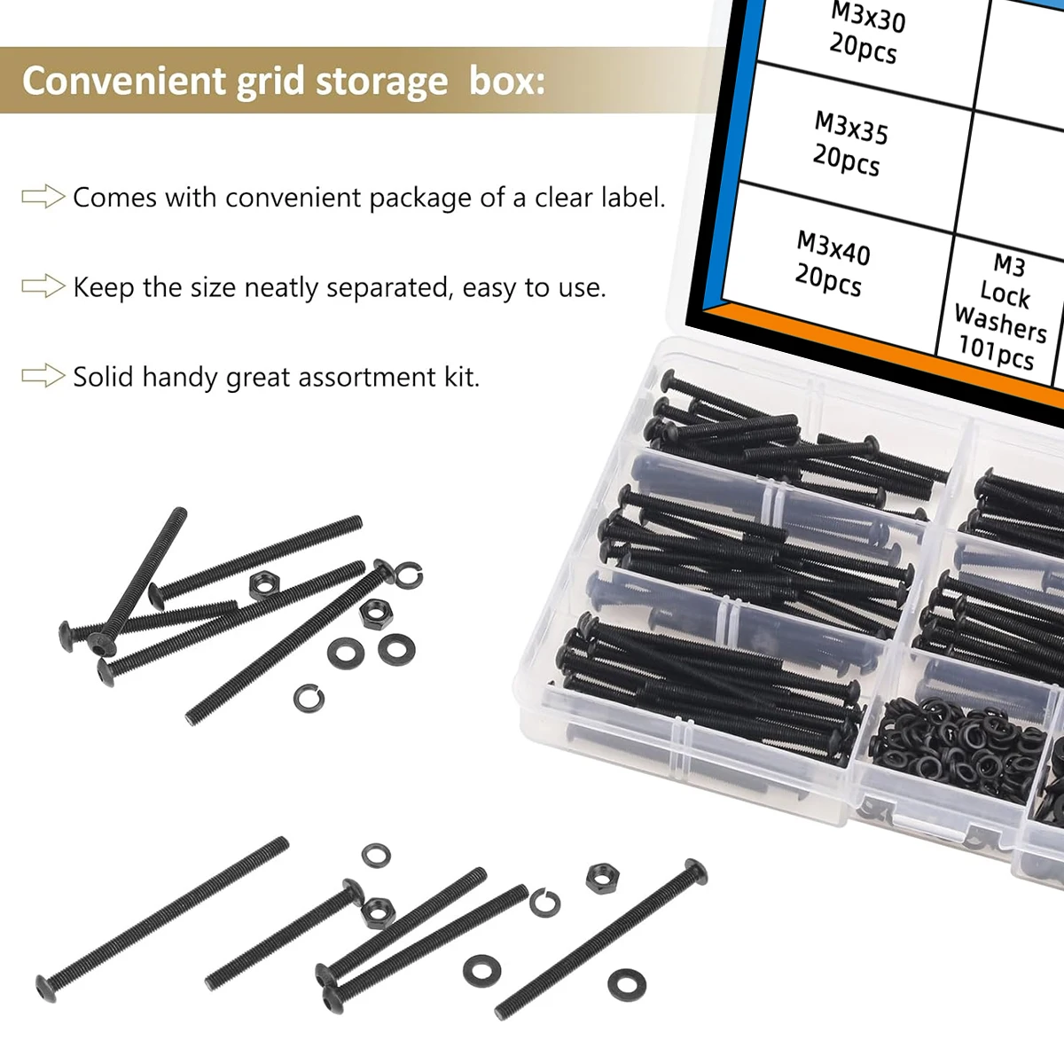 402 قطعة أسود M3 x 30/35/40/45/50 مللي متر زر رئيس المقبس المسمار الجوز غسالة كومبو عدة ، الصف 10.9 سبائك الصلب