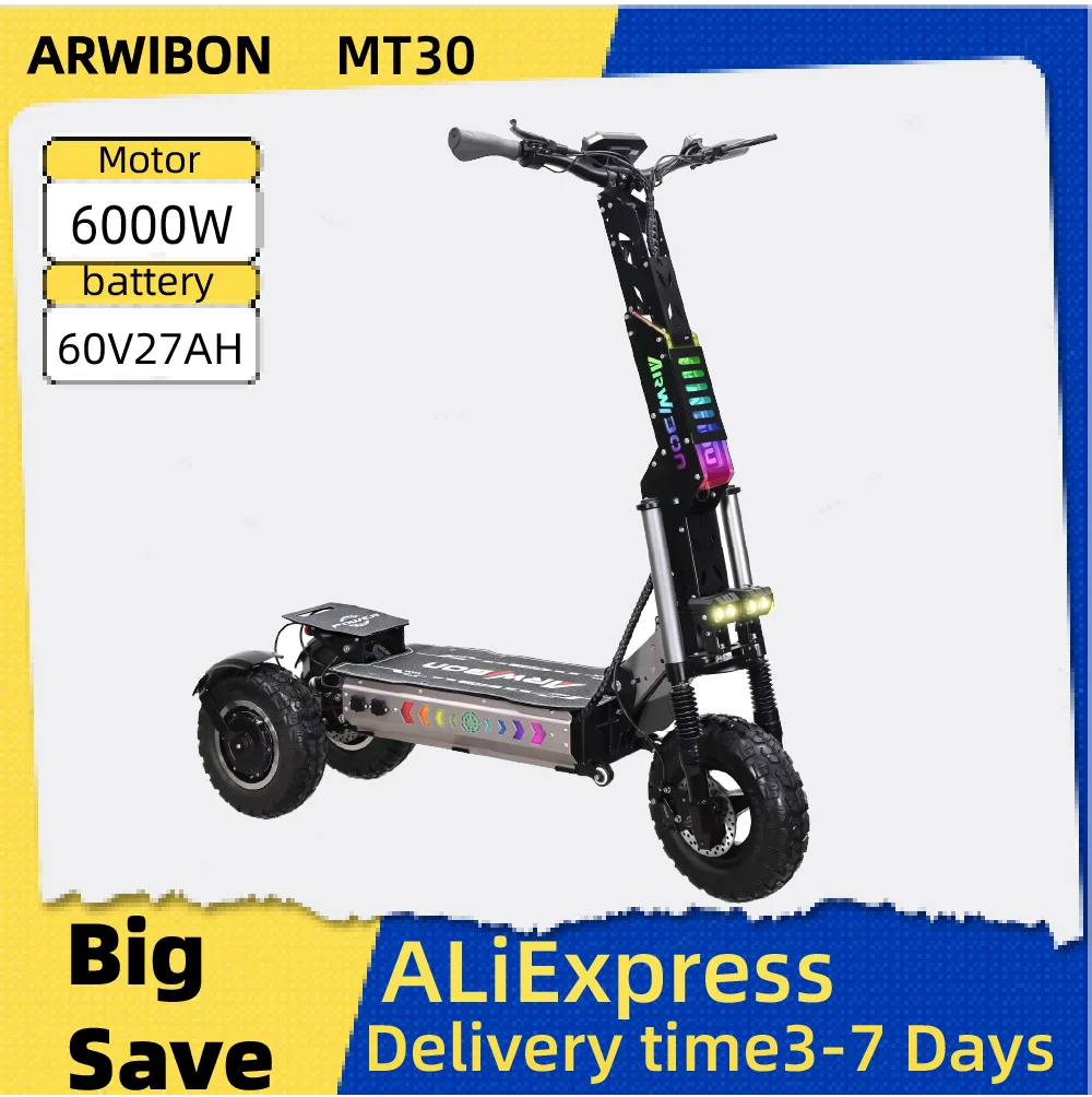 

ARWIBON MT30 Adult Electric Scooter 6000W Motor 60V27AH Folding Tricycle E-Scooter 13 Fat Tire E-Mountain Scooter
