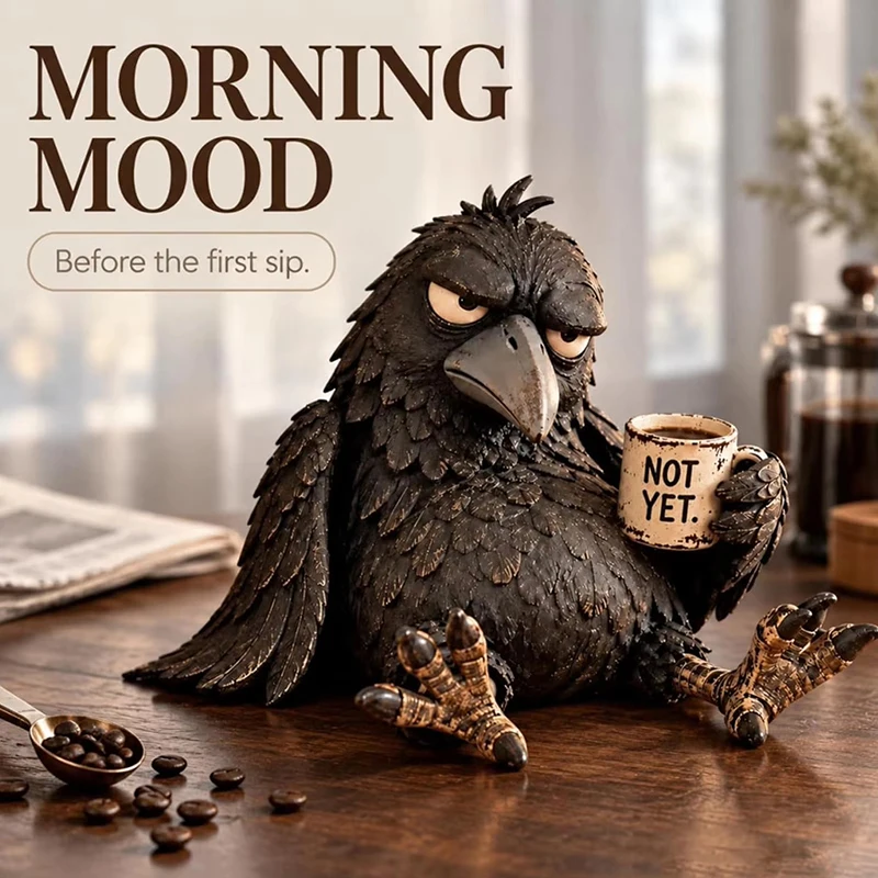 Coffee Raven Decor Figure Funny Resin Crow Art Display Decoration Bookshelf Coffee Raven Figurine for Home Office Living Room
