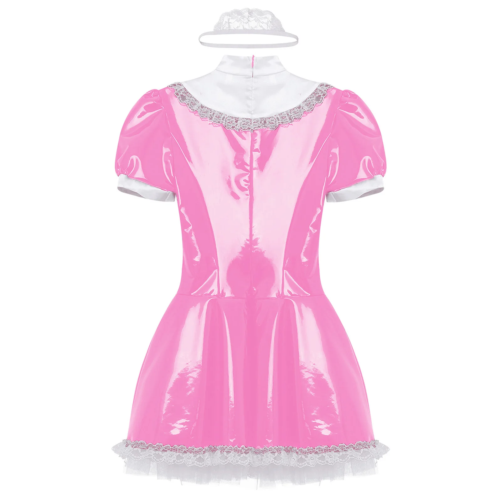 Robe de femme de chambre en cuir verni brillant avec bande de sauna en dentelle, volants, tablier en dentelle, manches bouffantes, robe trapèze, vêtements de nuit, vêtements de nuit, cosplay