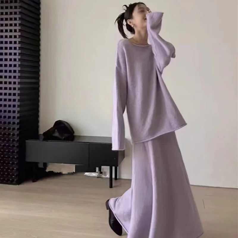 2024 Autumn winter New Fashion Purple knitted jumper long skirt Sweaters Top dress Two piece sets Women\'s Clothing Matching Sets