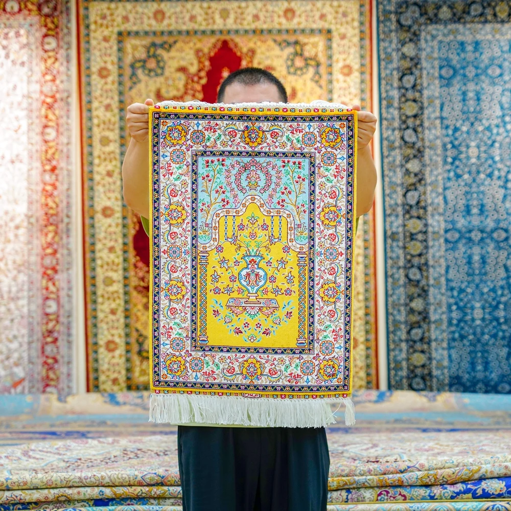43x61cm Tabriz Yellow Hand Knotted Exquisite Silk Rugs Prayer Mat (TJ998A)