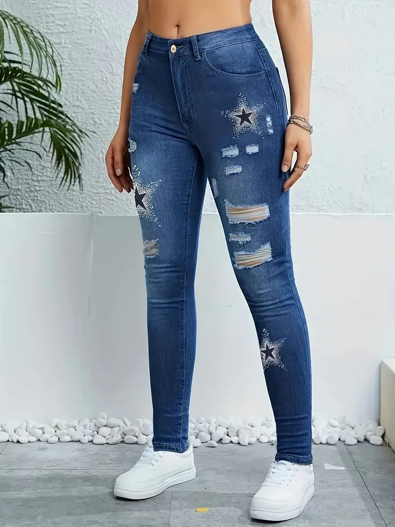 Star Pattern Printed Washed Hole Women\'s High Waisted Stretch Denim Skinny Trousers Fashionable Women\'s Denim Work Clothes