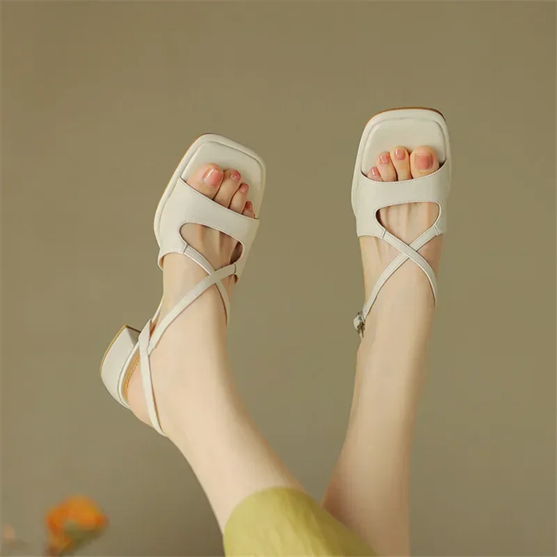 2023 New Summer Sandals Fashion Versatile Light Luxury Sandals Square Toe Chunky Heels Sandals for Women Handmade Women Sandals