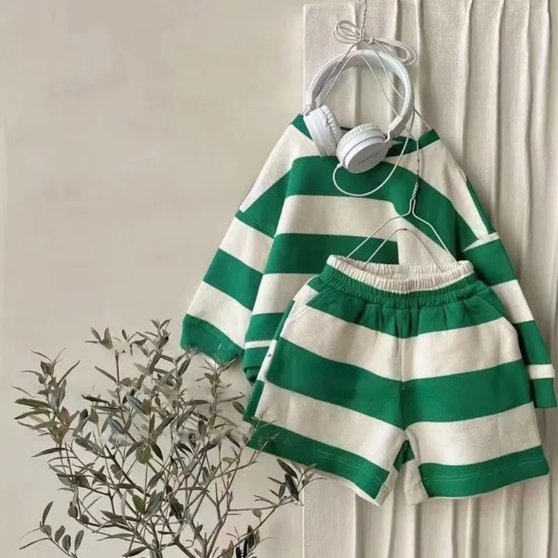 

2024 Baby Girl Boy Cotton Striped Clothes Set Hoodie and Shorts 2pcs Infant Toddler Child Tracksuit Spring Autumn Summer 1-8Y