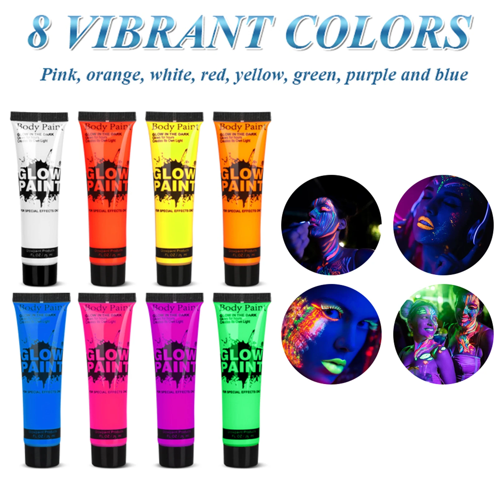 UV Neon Oil Face and Body Art Paint, 8 Tubes Glow in the Dark Body Paints Makeup, Neon Fluorescent Glow in Dark Party Cosmetics