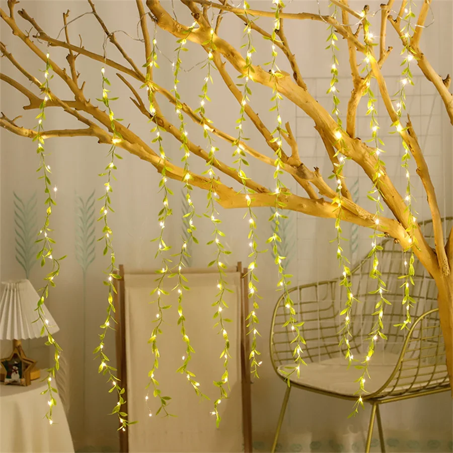 3X2M 200 LED Artificial Vines Curtain Lights Fake Willow Leaves Curtain Fairy Lights USB Powered Green Fake Plant String Light