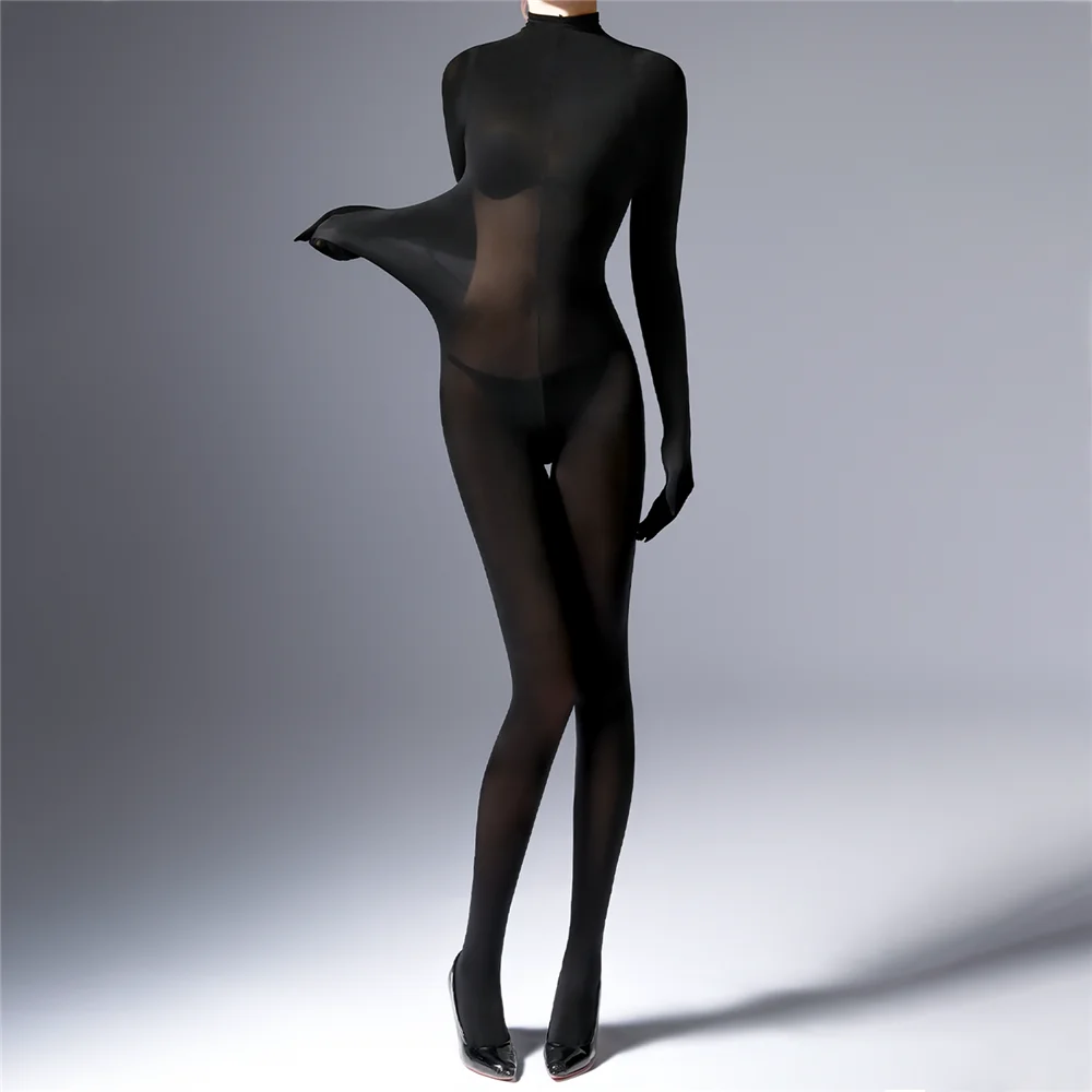 Plus Size Sexy Women 120D Five Finger Glove Sleeve Bodysuit Seamless Tight Warm High Elastic Shaping Cosplay Unisex Fit Jumpsuit