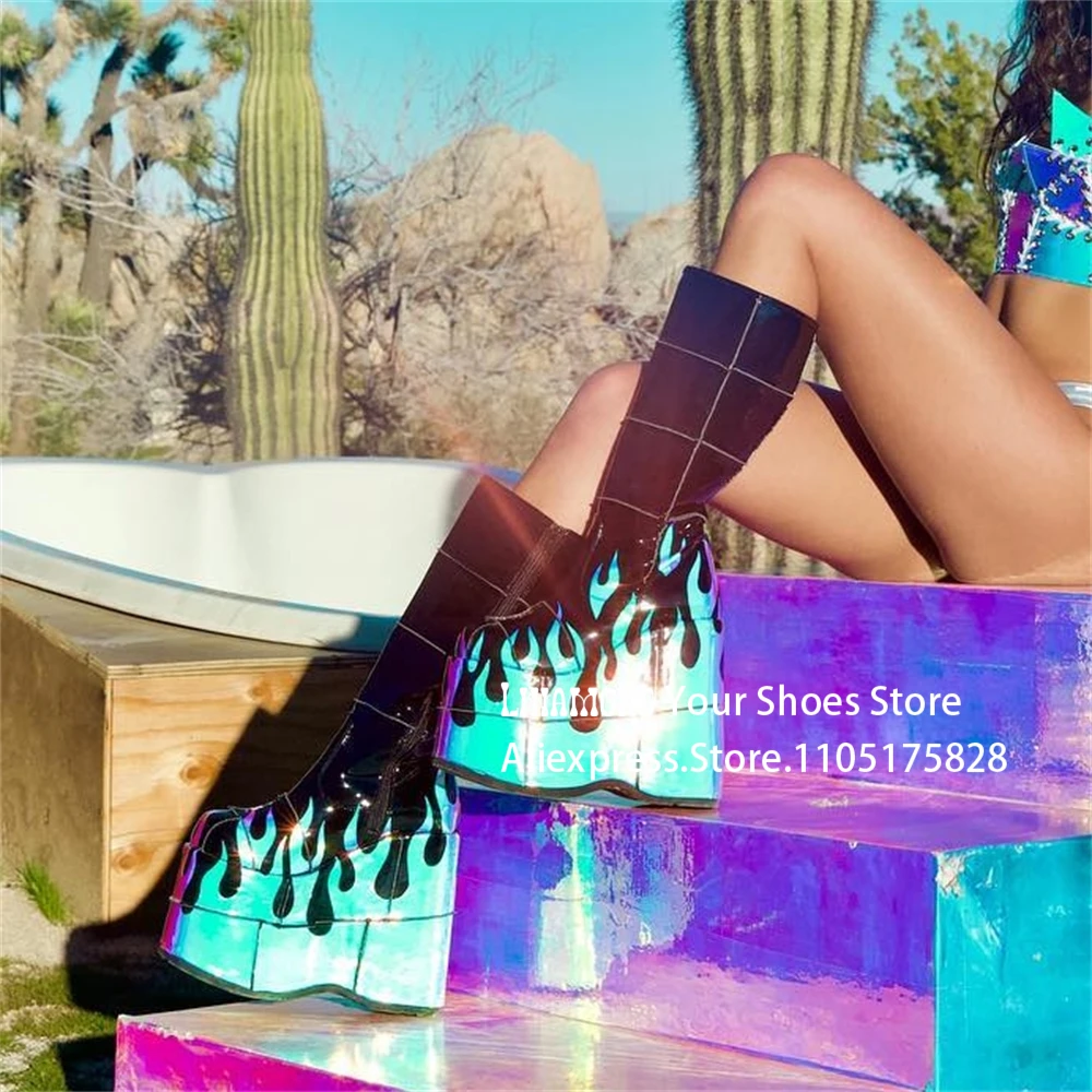 

Iridescent Blue Flame Wedge Boots Black Patent Leather Full Length Zipper Boots Smacked Platform Splicing Knee High Women Boots