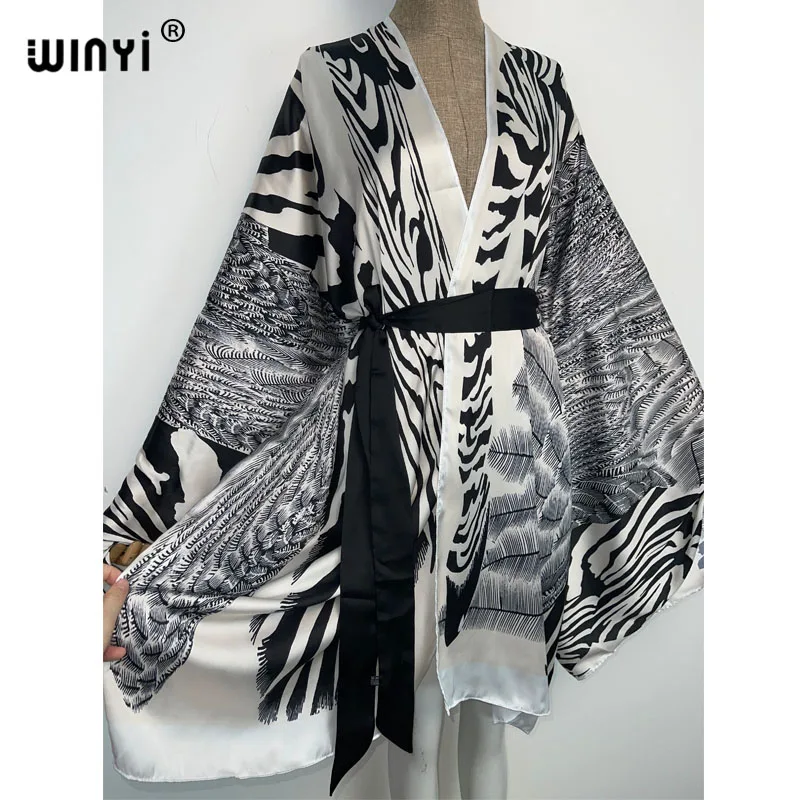 2022 WINYI Summer Beach Wear Swim Suit Cover Europe sweet lady boho Cardigan stitch Self Belted sexy Holiday long Sleeve Kimono