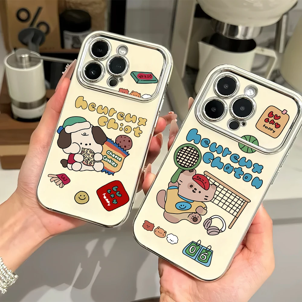 Kawaii Cat Dog Cartoon Couple Electric Ferry Large Window Phone Case For iPhone 12 11 13 14 15 16 Max Pro Plus Shell