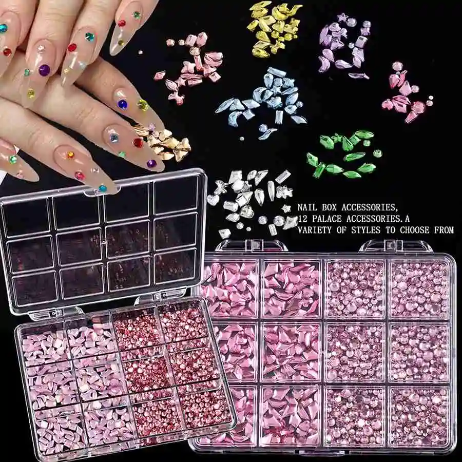 12 グリッドフラットボトムラインストーン爪用混合形状ガラスクリスタルネイルアート高級チャームキット DIY ネイルデコレーションアクセサリー