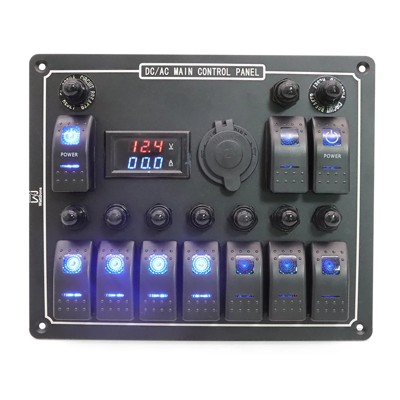 10 Gang Led Marine Rocker Switch Panel waterproof With Digital Voltmeter & Dual USB Charger & Cigarette Lighter Socket