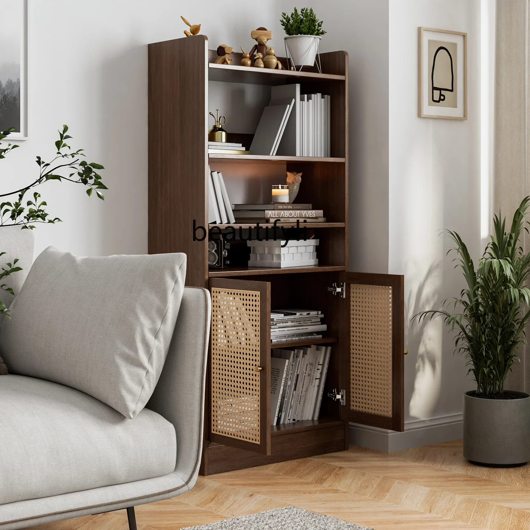 57 Rattan bookcase Solid wood Japanese storage Bedroom, living room storage Display black