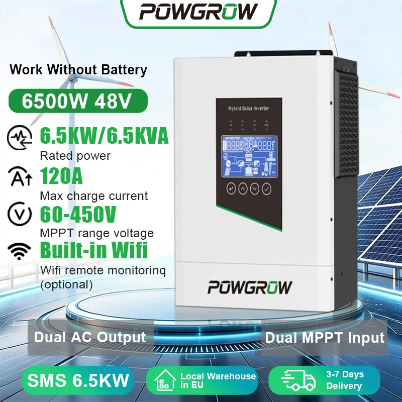 POWGROW 12KW 6.5KW 5KW 3.6KW Solar Hybride MPPT Omvormer 24V 48V 220V Max 500V PV Ingang Solar Batterijlader Met BMS Bescherming Voor Residentieel Off-Grid Zonnesysteem