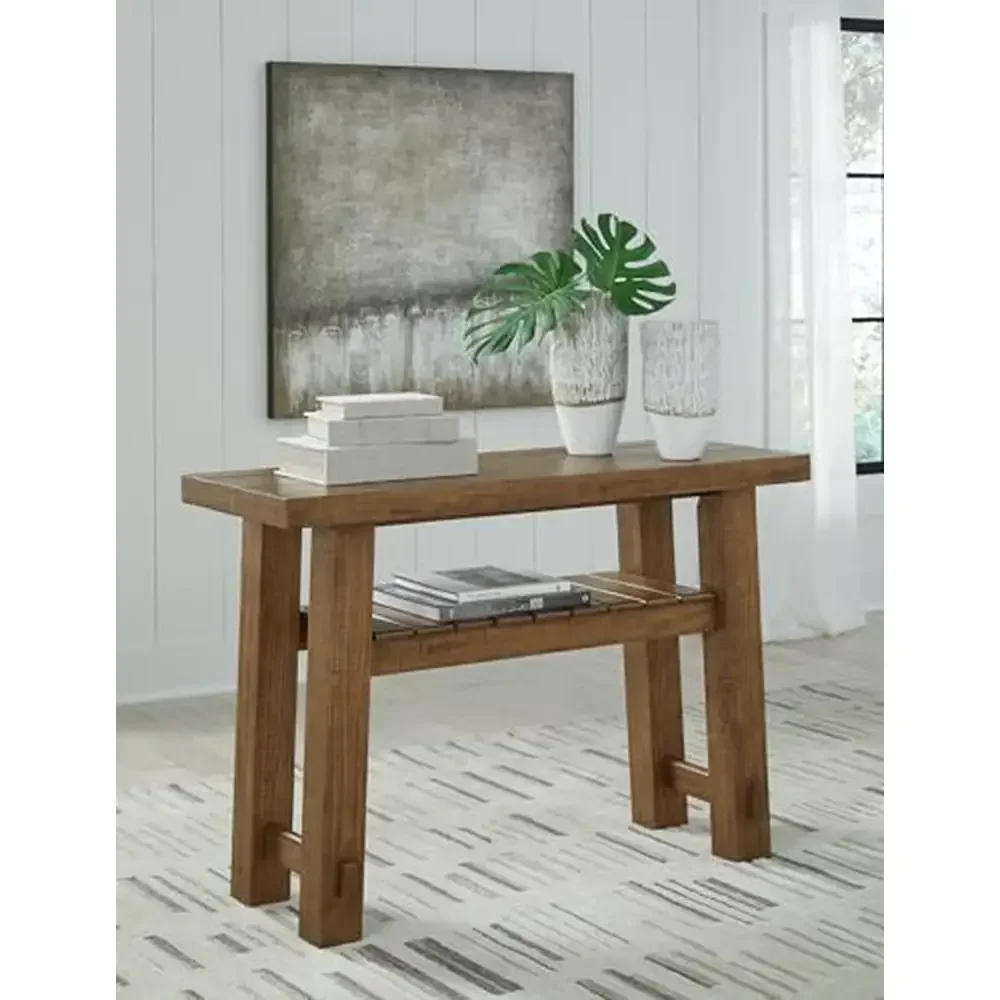 Farmhouse Pine Sofa Table w/ Slatted Shelf Post & Beam Construction Light Brown 48