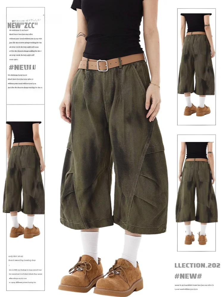 

Retro American Denim Short Pants Women's Trendy Cool Faded Workwear Wide Leg Seven-Foot Pants Casual High Waist Jeans