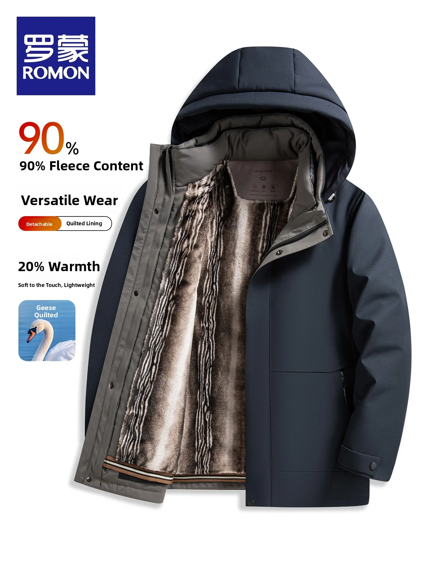 Lorpen Men's Mid-Length Goose down Jacket Thickened Fleece Lined Business Casual Style Windproof Zipper Closure Outdoor Coat