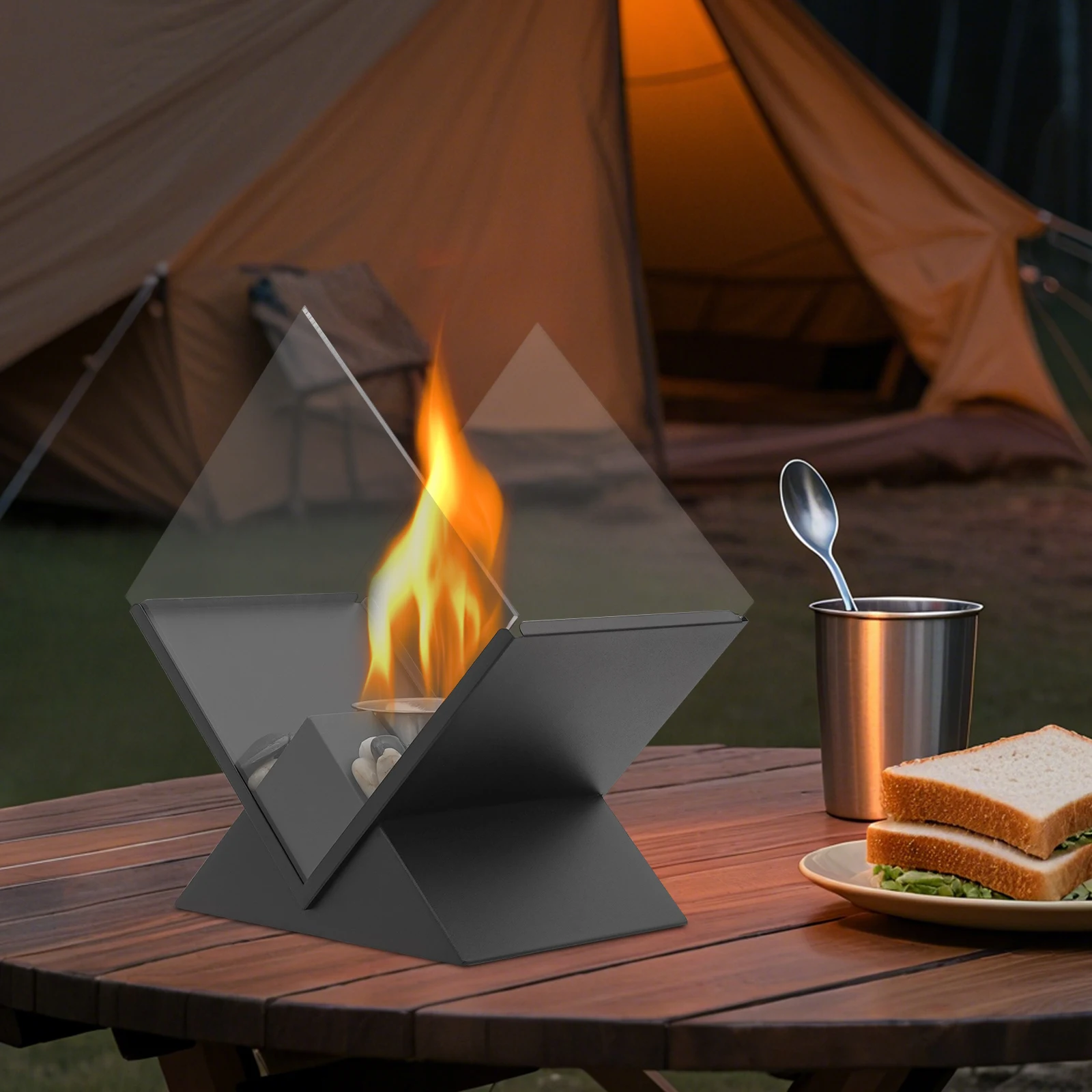 

Modern Tabletop Fire Pit Glass Metal Ethanol Fireplace with Windproof Glass Stable Base for Indoor Outdoor Dining Party Ambiance