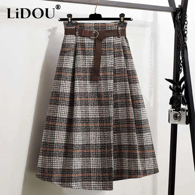 2023 Autumn Winter New Plaid Printing A-line Skirt Women Elastic High Waist Asymmetrical Patchwork All-match Female Clothing