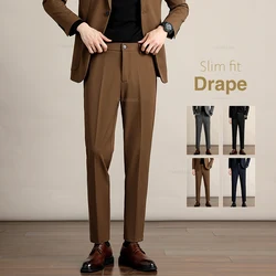 Autumn and Winter Men's Slim Casual Trousers Advanced Drape Thick Office Business Formal Suit Trousers Black Brown Grey Blue