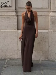 Oymimi Fashion Brown Knitting Dresses For Women 2023 Elegant Halter Sleeveless Slim Dresses Casual High Waist Floor-Length Dress