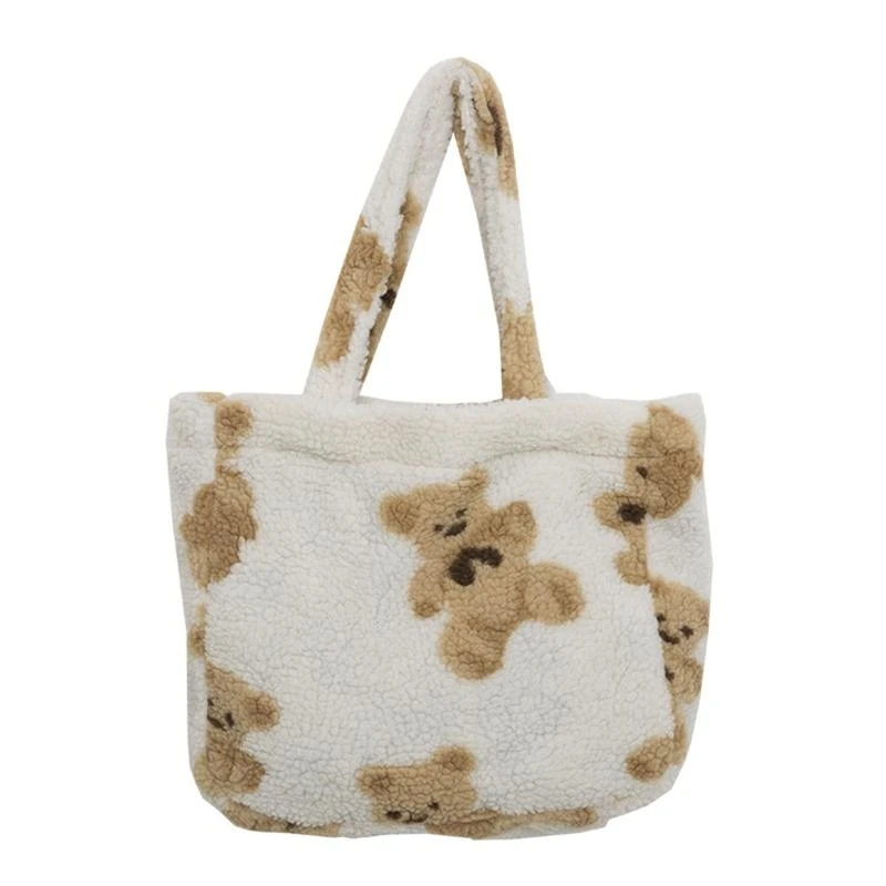 

G5AE Lamb Like Fabric Shoulder Tote Bag Canvas Fur Bear Handbags Soft Bag