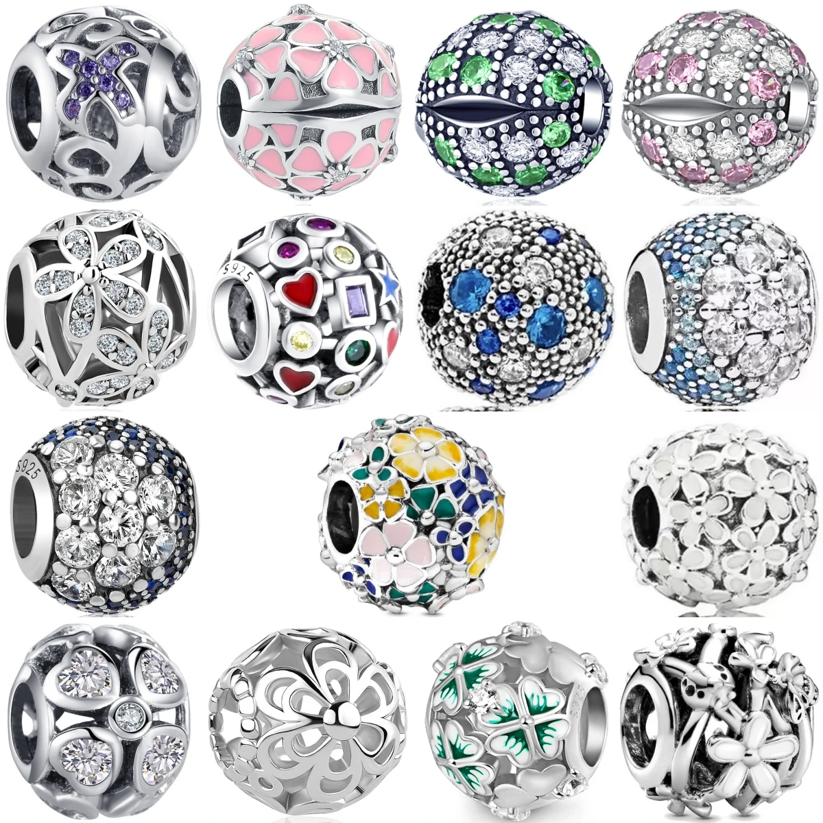 

925 Sterling Silver Flower Four-leaf Clover Sparkling Clear Zircon DIY Round Beads Fit Original Charms Bracelet Fine Jewelry