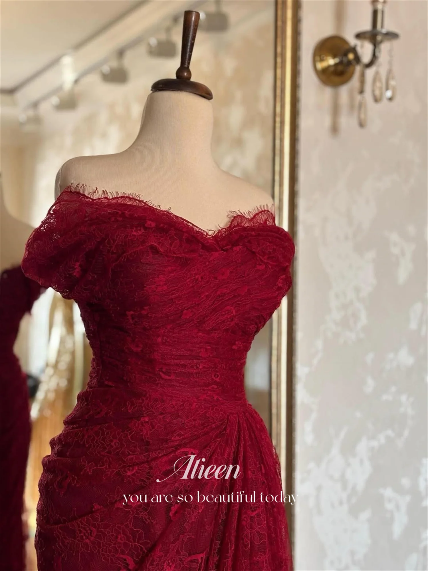 Aileen Burgundy Lace Off Shoulder Evening Dress Hot Sale Short Sleeve Mermaid Floor-Length Ruffles Formal Party Dress Customized image 3